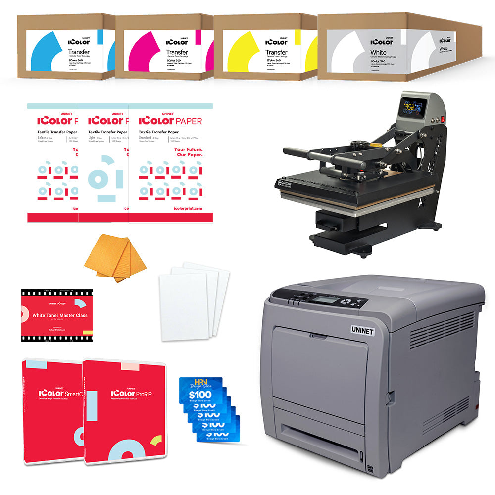 Uninet IColor 340 Apparel Plus White Toner DTF Printer with TrueSpec Heat Press
