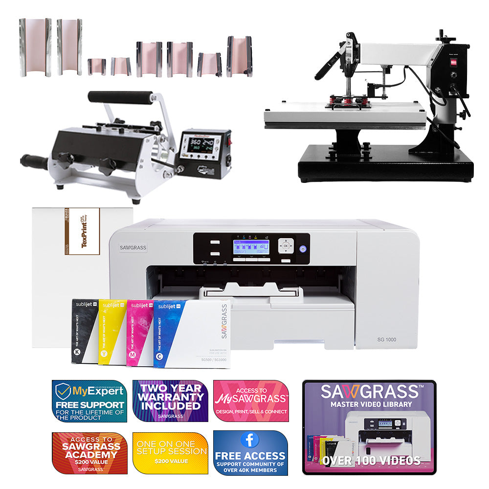 Sawgrass Virtuoso SG1000 Sublijet Sublimation Printer with Signature Series 16" x 20" Swing-Away Heat Press and 8-in-1 Mug Press