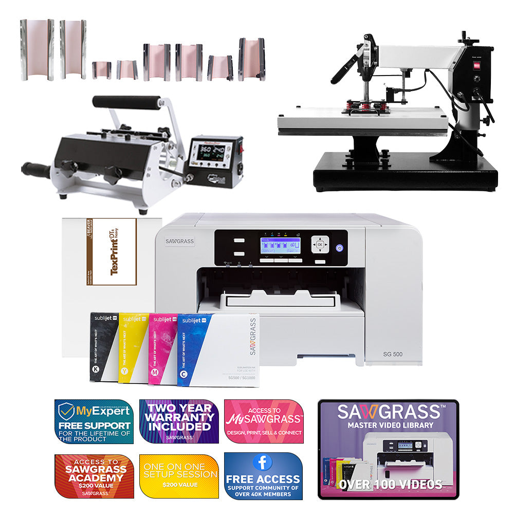 Sawgrass Virtuoso SG500 Sublijet Sublimation Printer with Signature Series 16" x 20" Swing-Away Heat Press and 8-in-1 Mug Press