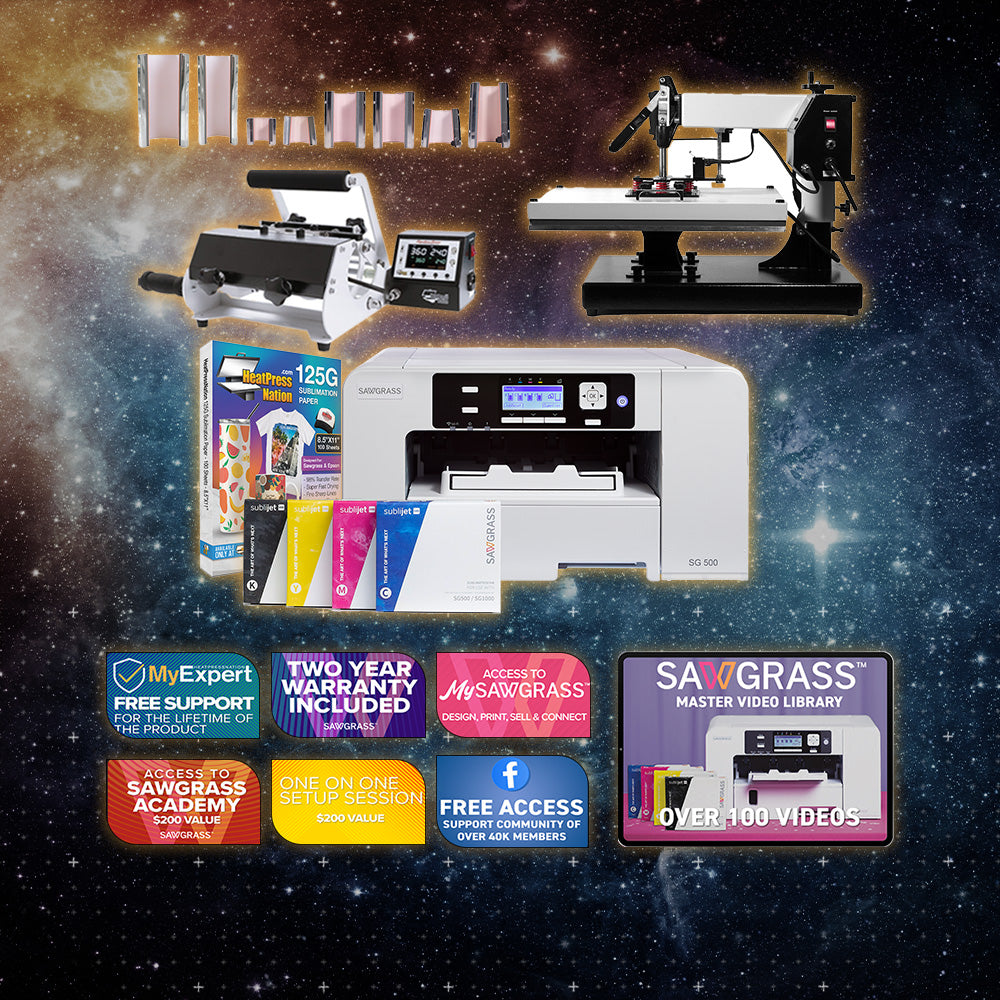 Sawgrass Virtuoso SG500 Sublijet Sublimation Printer with Signature Series 16" x 20" Swing-Away Heat Press and 8-in-1 Mug Press