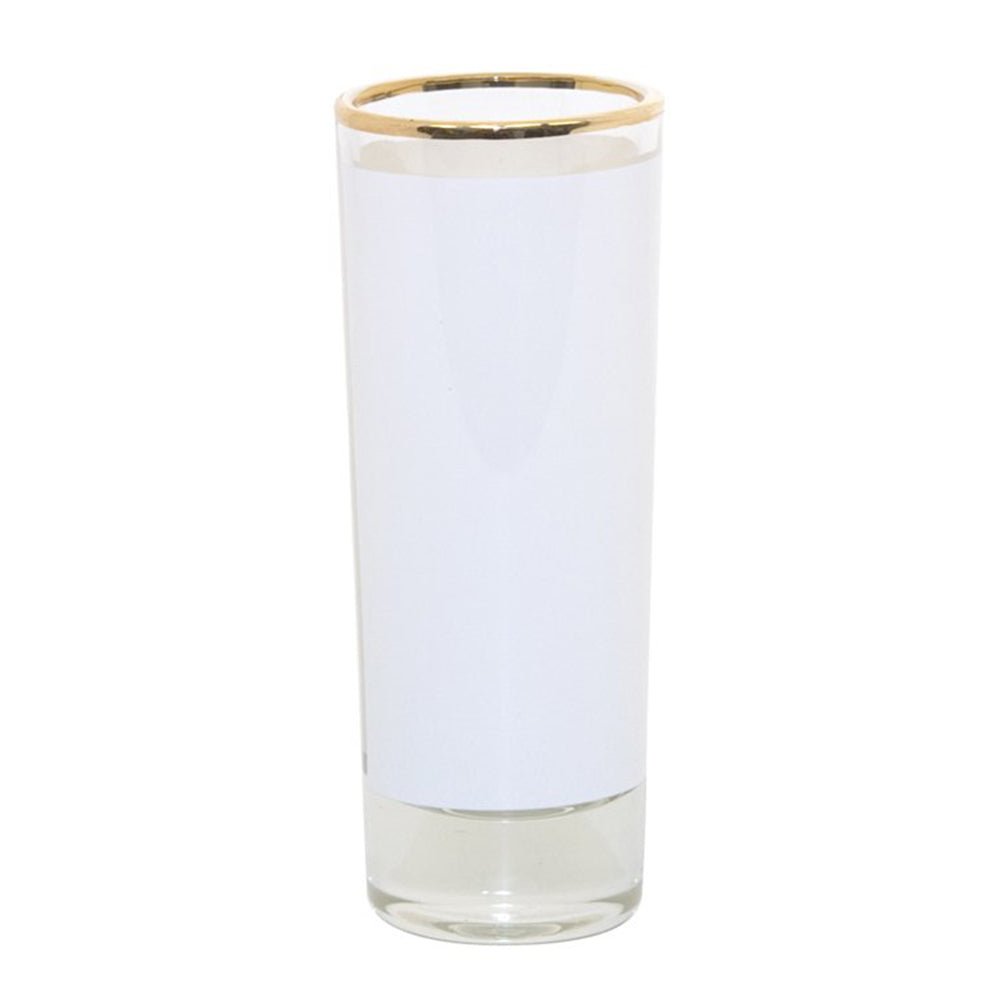HPN SubliCraft 2 oz. Sublimation Glass Shooter with White Patch and Gold Rim - 144 per Case - HeatPressNation