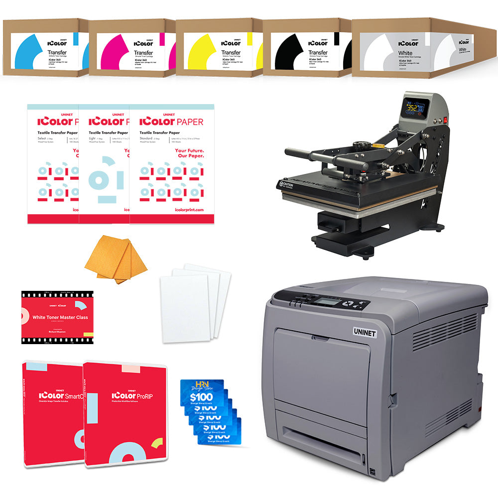 Uninet IColor 340 Apparel Plus White Toner DTF Printer with TrueSpec Heat Press