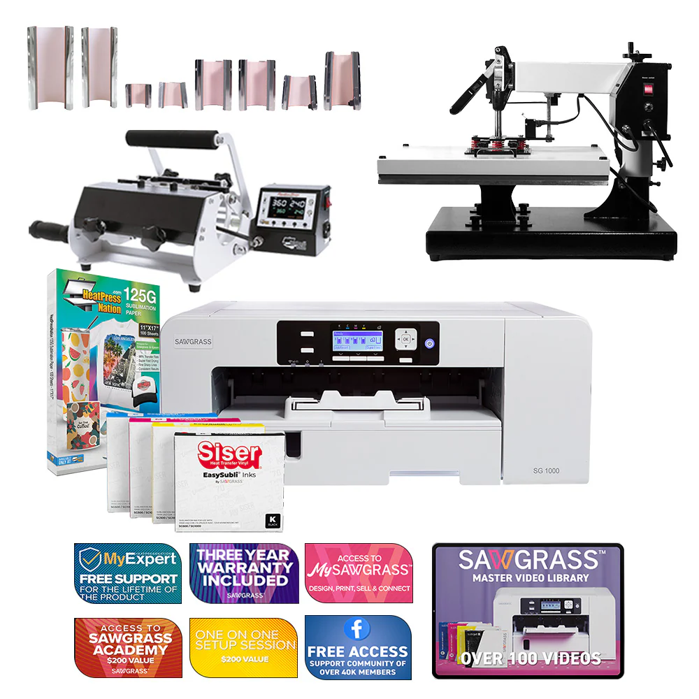 Sawgrass Virtuoso SG1000 Siser EasySubli-Drucker mit 16 x 20 Zoll großer Swing-Away-Hitzepresse der Signature-Serie und 8-in-1-Tassenpresse 