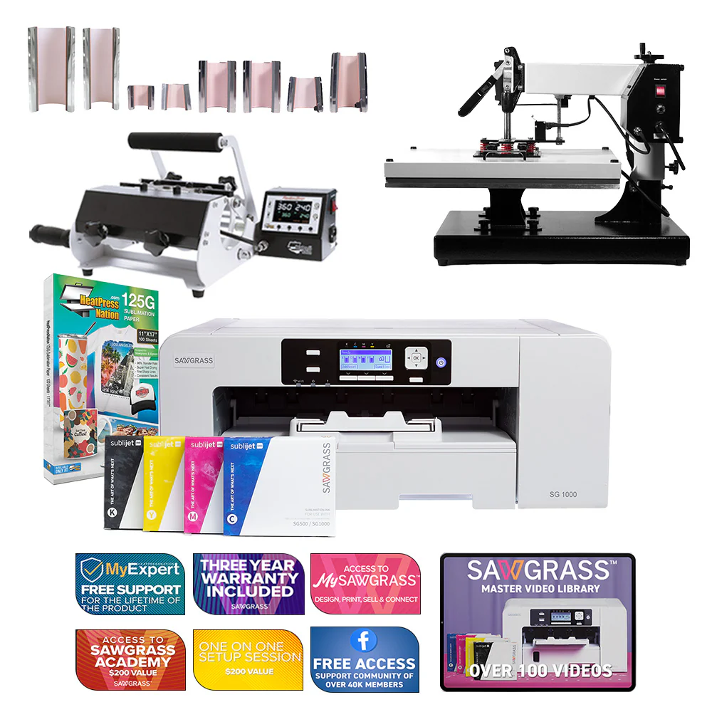 Sawgrass Virtuoso SG1000 Sublijet-Sublimationsdrucker mit 16 x 20 Zoll großer Swing-Away-Hitzepresse der Signature-Serie und 8-in-1-Tassenpresse 