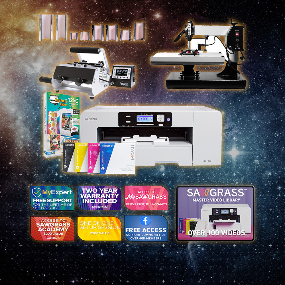 Sawgrass Virtuoso SG1000 Sublijet Sublimation Printer with Signature Series 16" x 20" Swing-Away Heat Press and 8-in-1 Mug Press