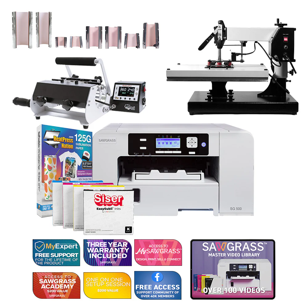 Sawgrass Virtuoso SG500 Siser EasySubli-Drucker mit 16 x 20 Zoll großer Swing-Away-Hitzepresse der Signature-Serie und 8-in-1-Tassenpresse 