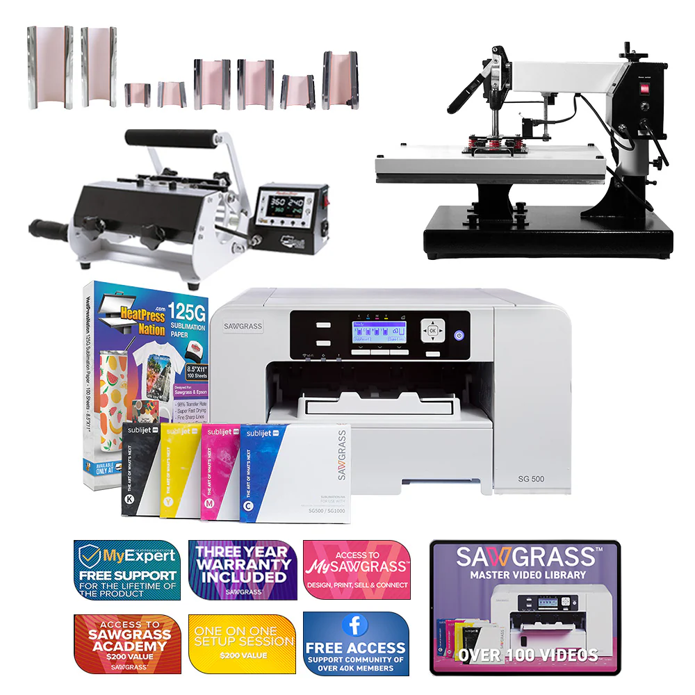 Sawgrass Virtuoso SG500 Sublijet-Sublimationsdrucker mit 16 x 20 Zoll großer Swing-Away-Hitzepresse der Signature-Serie und 8-in-1-Tassenpresse 