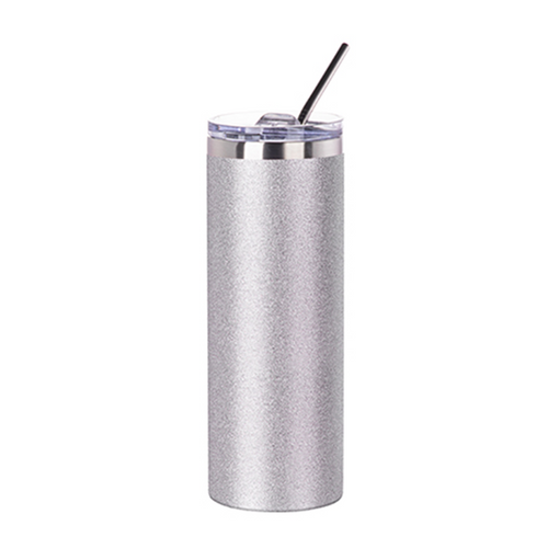 HPN SubliCraft 20 oz. Glitter Silver Sublimation Stainless Steel Skinny Tumbler with Straw
